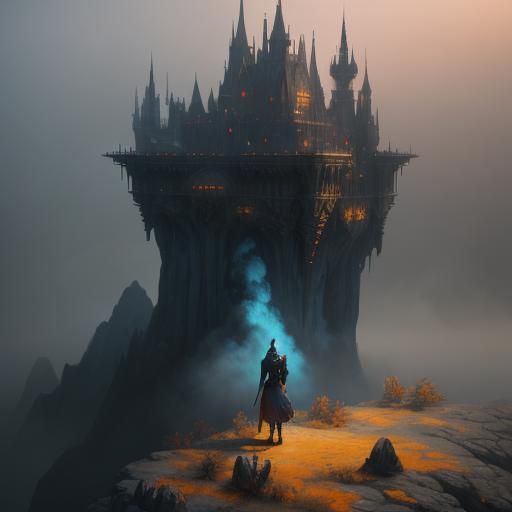 Fantasy Assassin on Misty Rooftop at Dusk