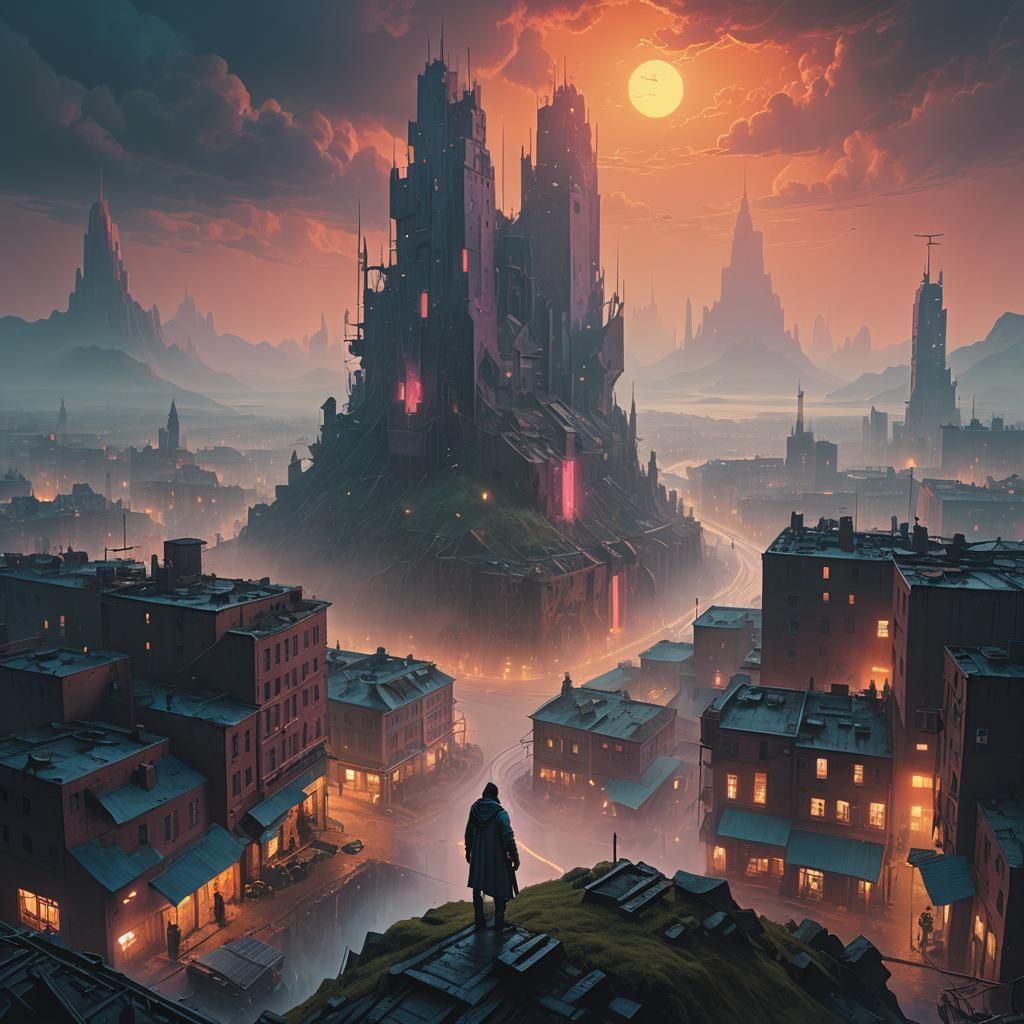 Mystical Cityscape Hero in Surrealist Style