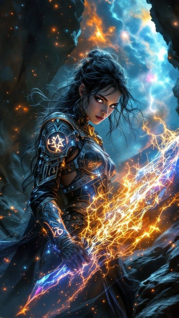 Sorceress at Cosmic Rift in Ethereal Armor