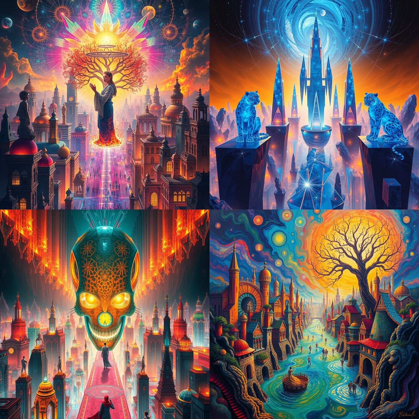 Surreal City Flood with Leopard Gods in Geometric Light