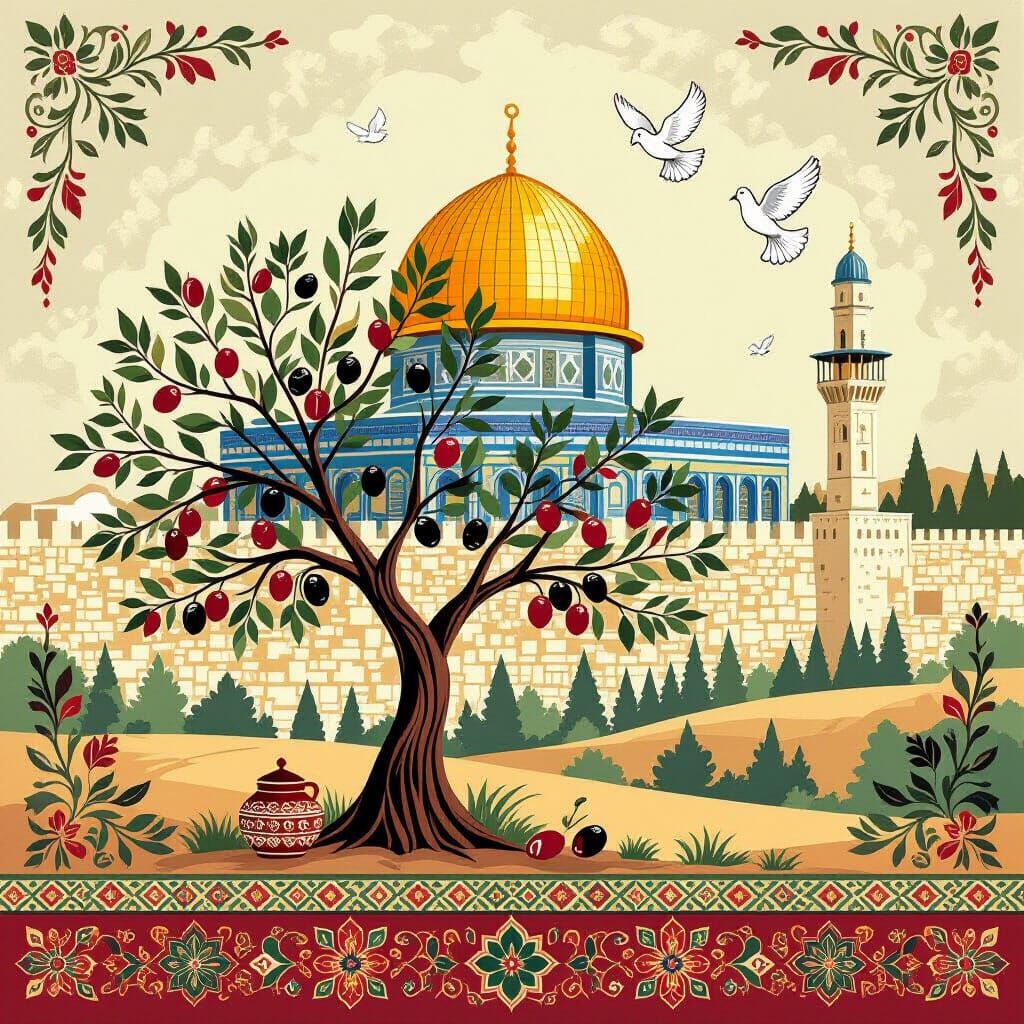 Elegant Palestinian Scene with Olive Tree and Embroidery