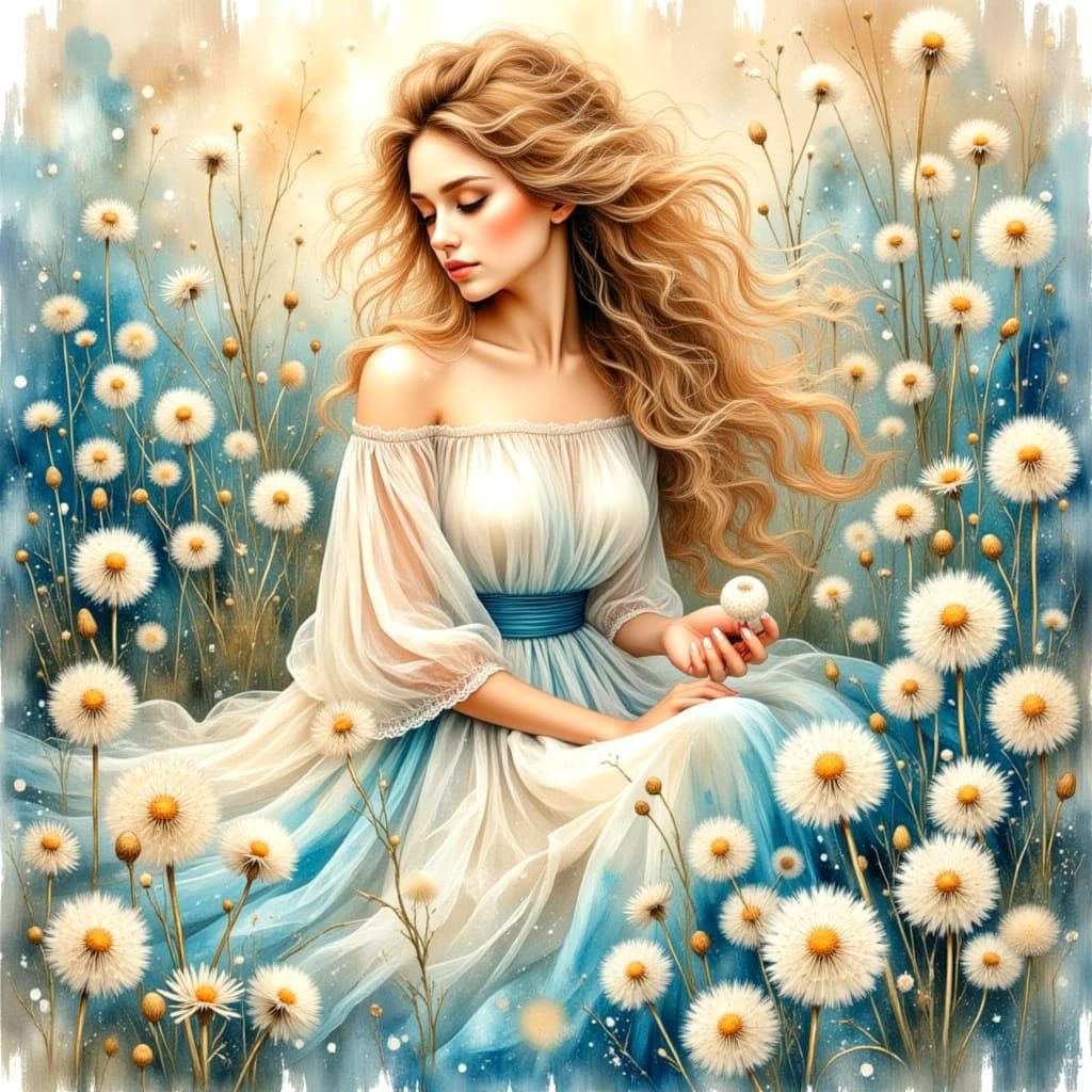 Abstract Watercolor Dandelion Dreamscape with Ink Outlines