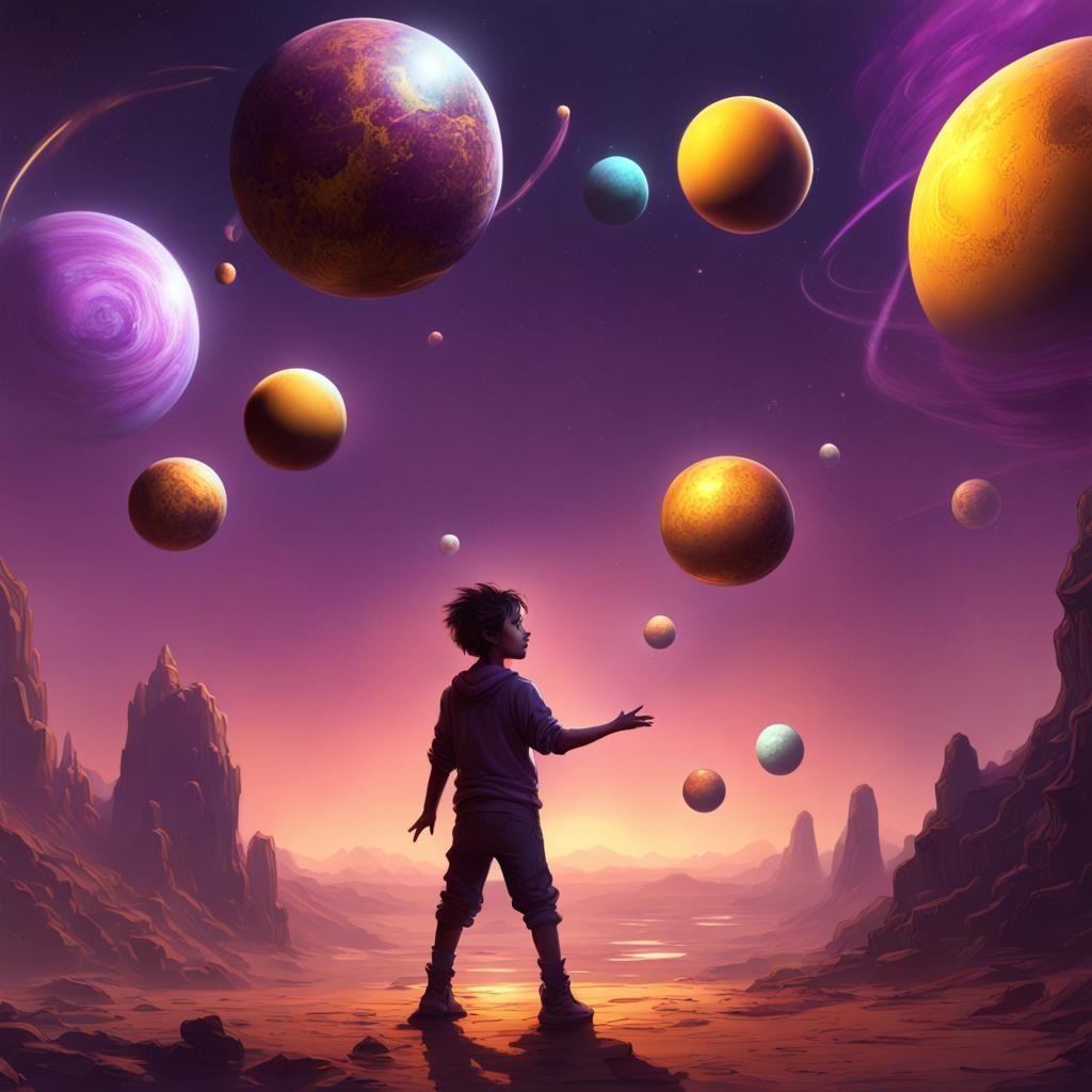 Boy Juggling Planets: Dark Fantasy Concept Art
