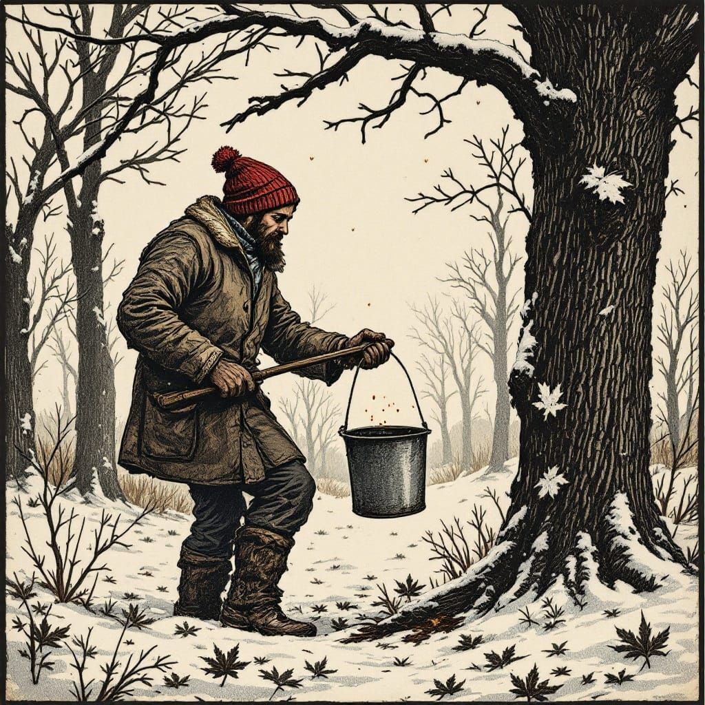 Rustic Woodcut of Maple Sap Collection in Springtime