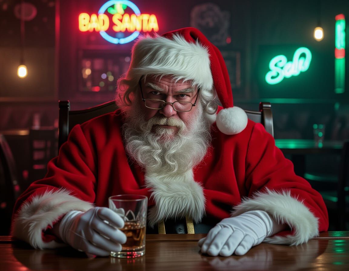 Cynical Santa Slumps in Bar, Cinematic Realism