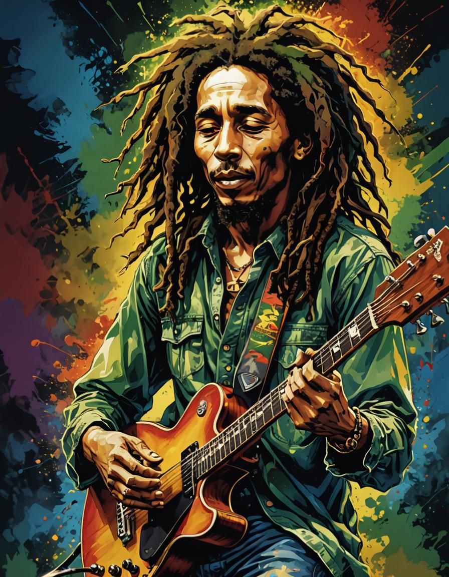 Anime Bob Marley Guitar Illustration