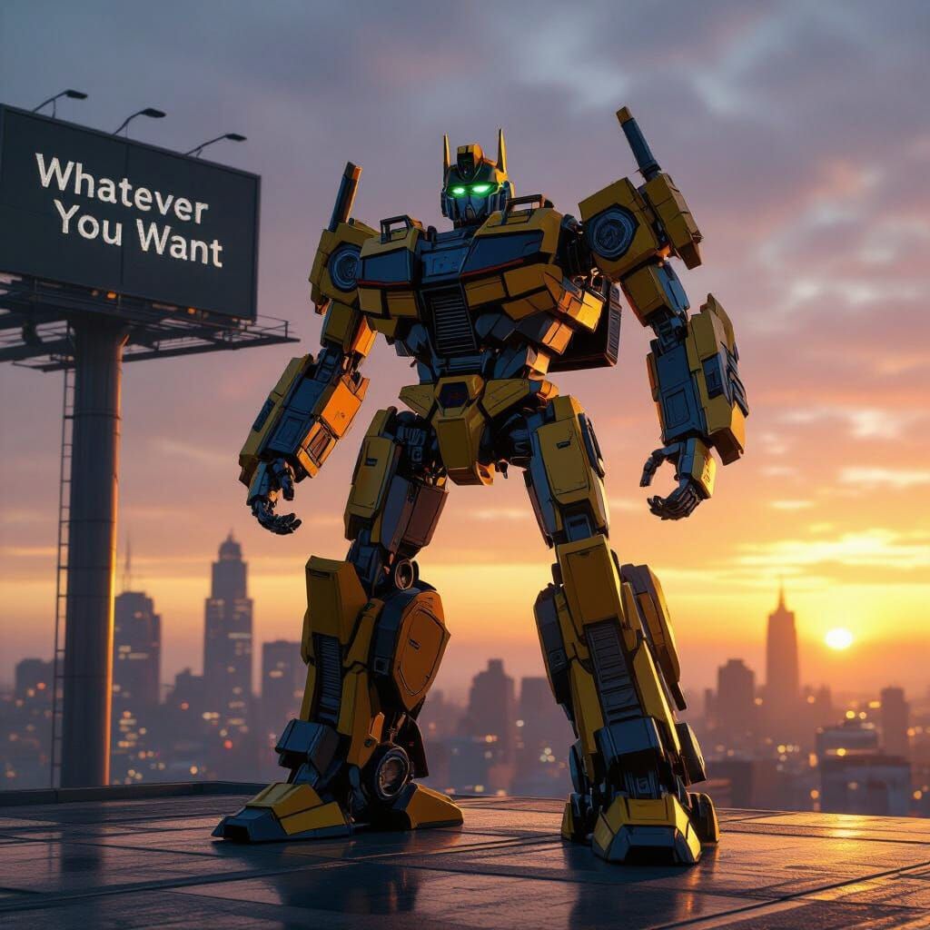 Bumblebee Transformer in Futuristic Cityscape at Dawn