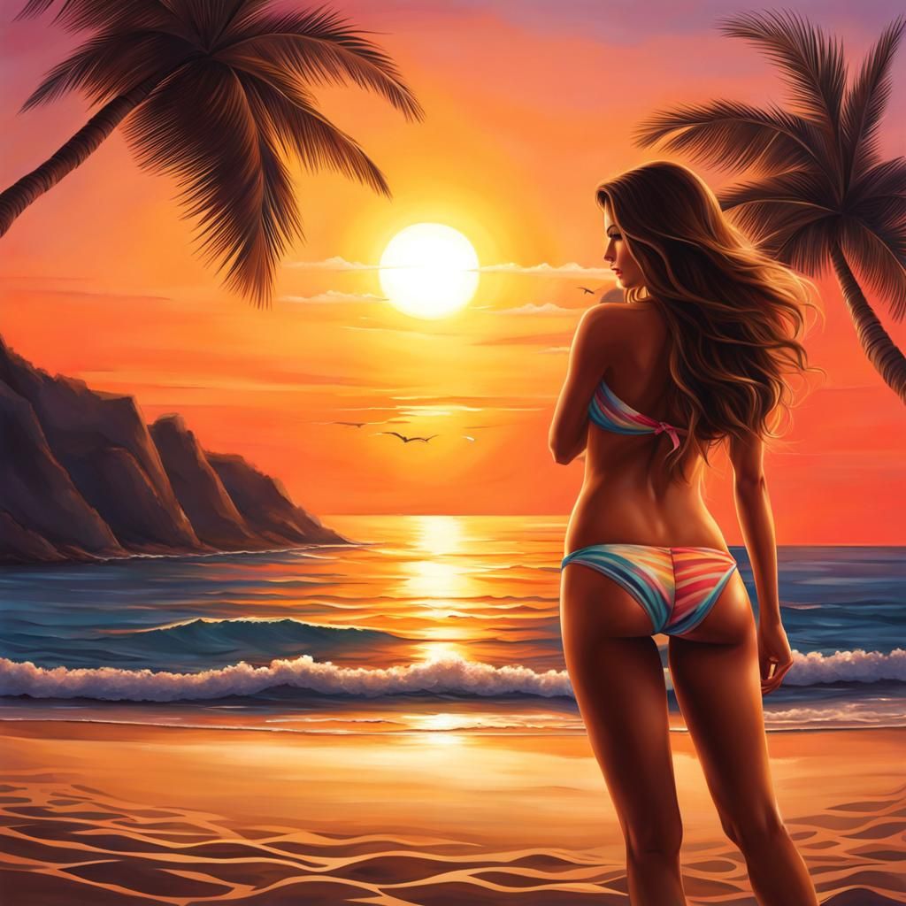 Girl in Bikini at Sunset: Realistic Beach Scene
