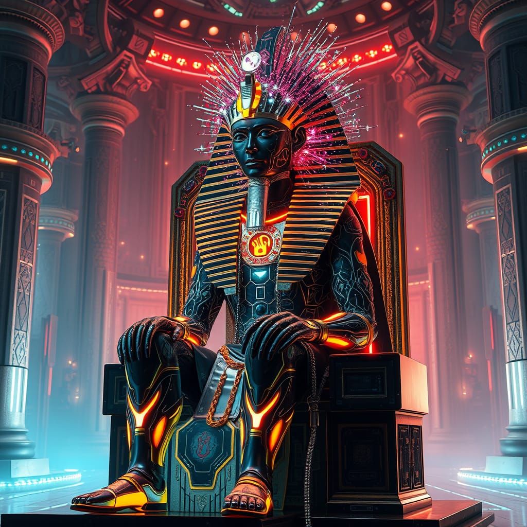 Cybernetic Pharaoh on Glowing Throne in Futuristic Temple