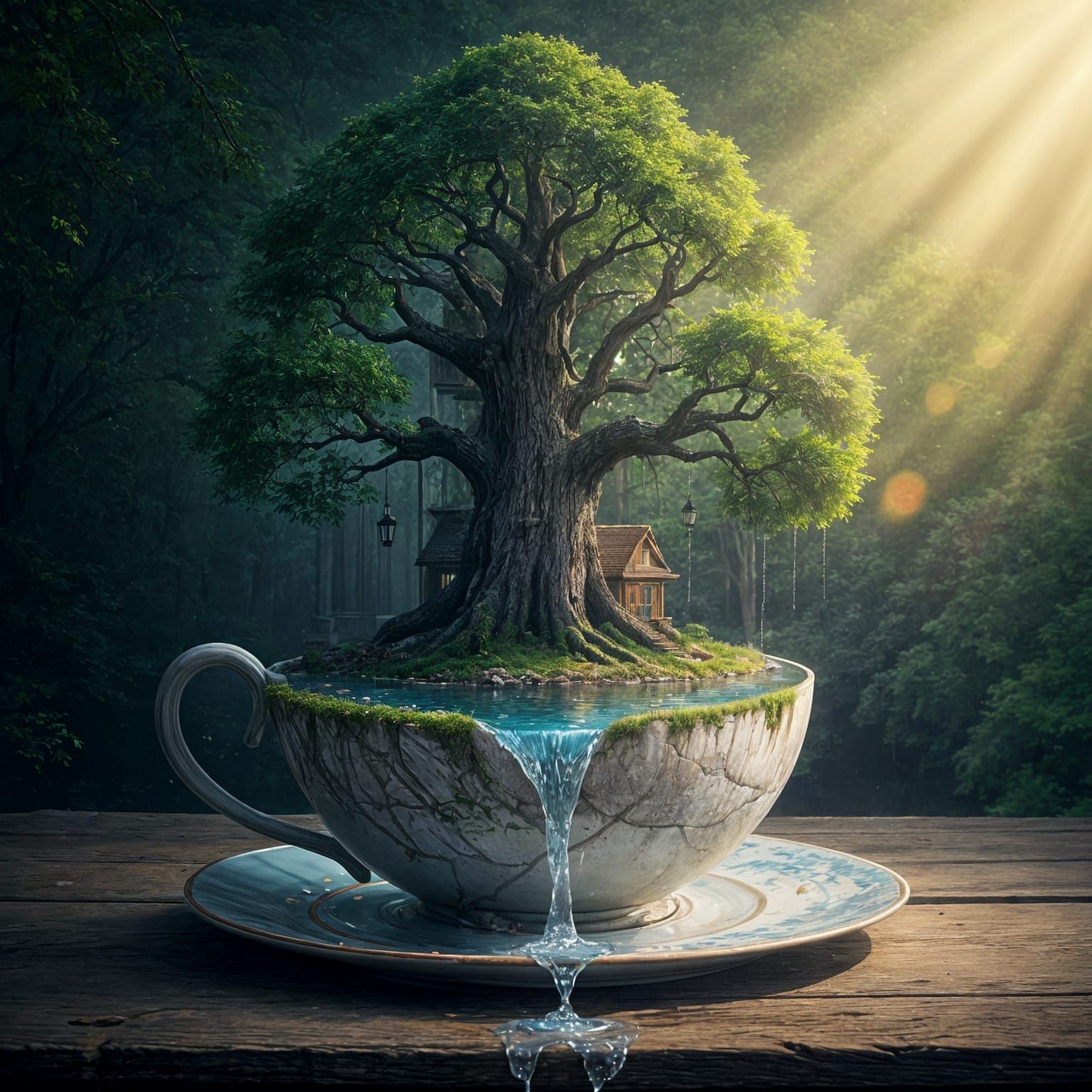 Surreal Oak Tree Inside Broken Porcelain Cup with House and ...