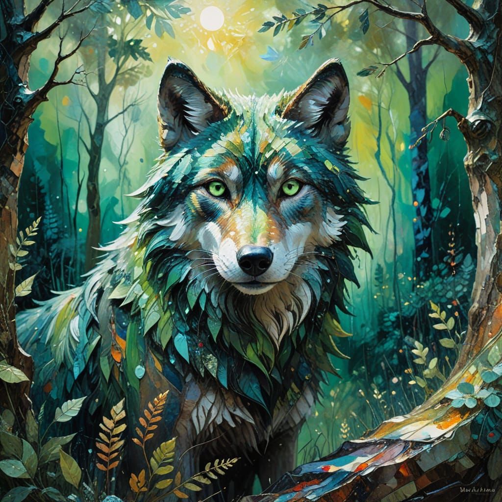 (Wolf on a rock in a forest with big green eyes:1.5) made from random swirls of paint all on pieces of fabric in the sty...
