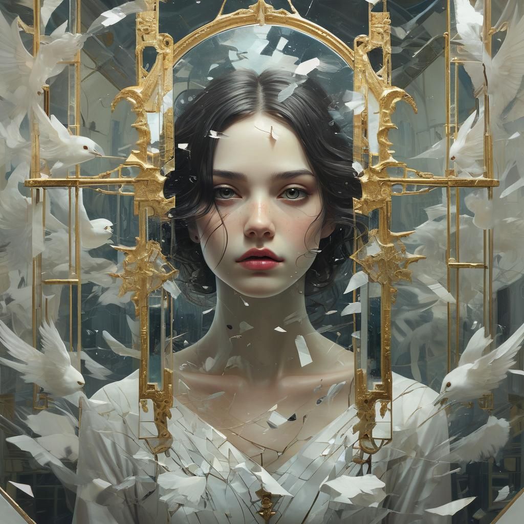 Shattered Mirror Reveals Golden Eyes: Double Exposure