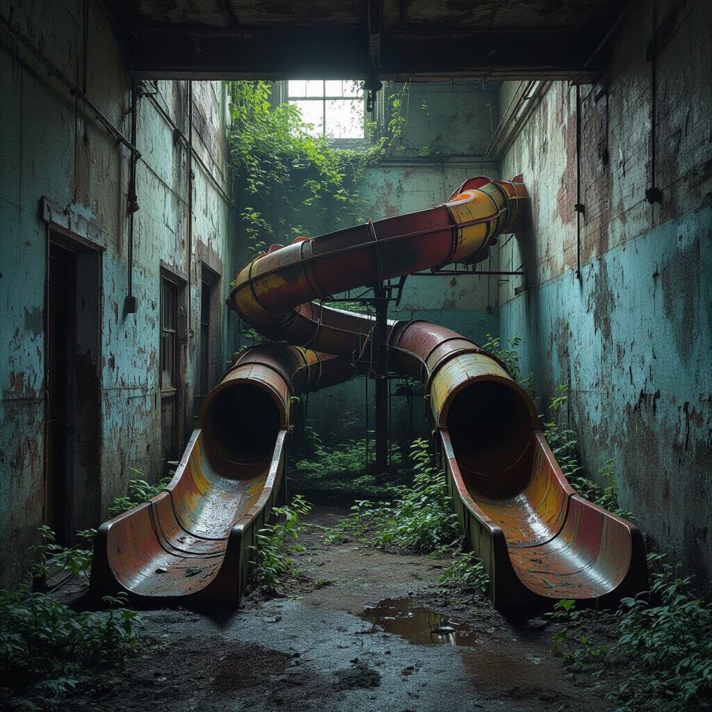 Abandoned Backroom with Water Slides in Realistic Style