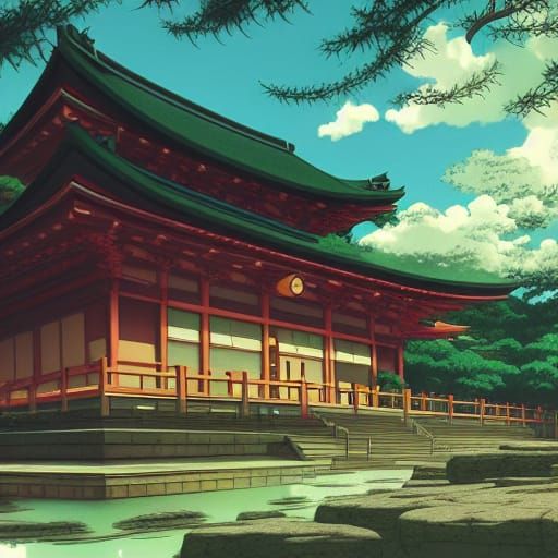 Japanese Temple in Anime Key Visual Style