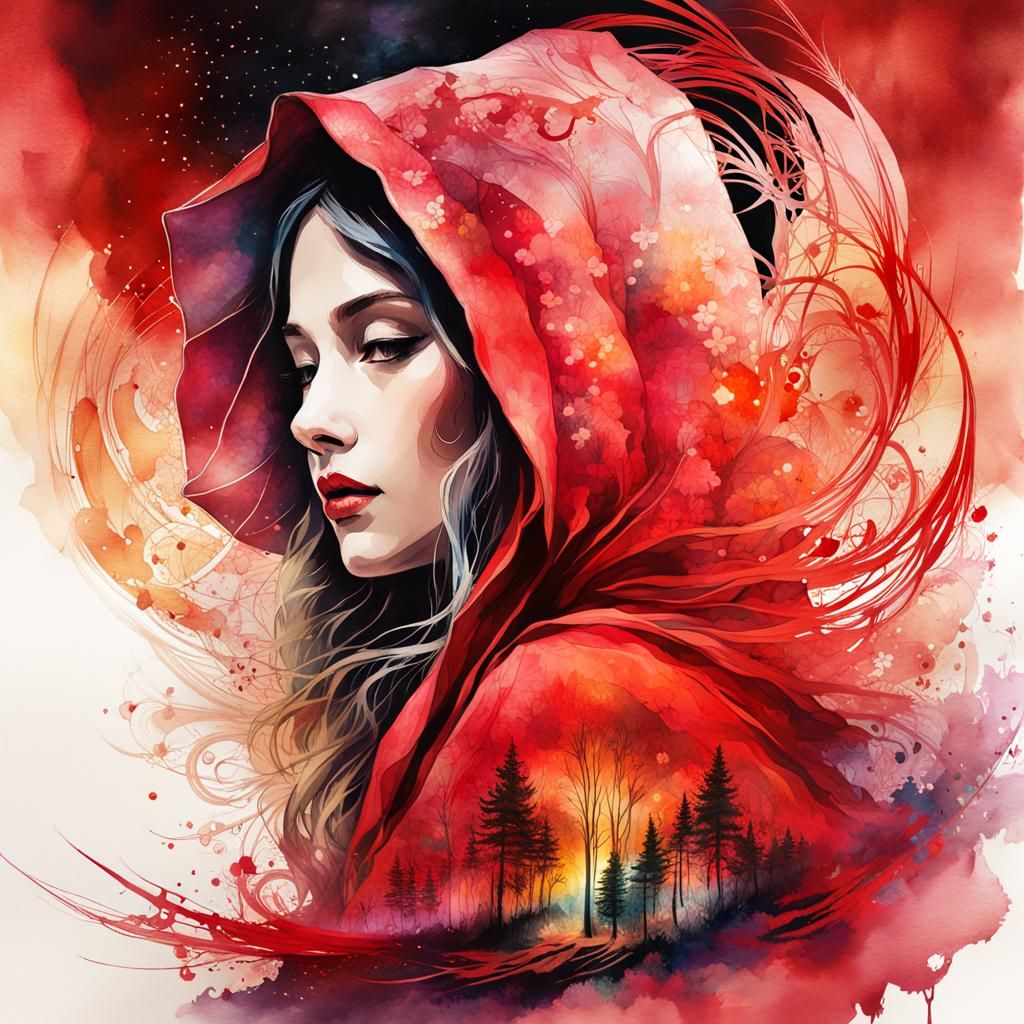 Red Riding Hood Double Exposure Watercolor Illustration