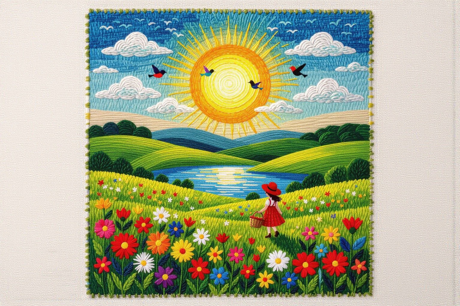 Embroidery Landscape: Sunny Hills, Lake, and Birds