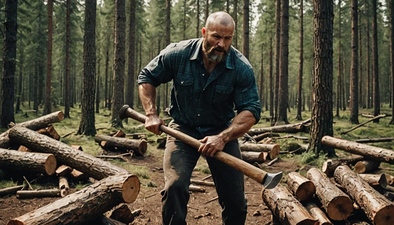 Hairy Lumberjack Chopping Wood in Cinematic Film Still