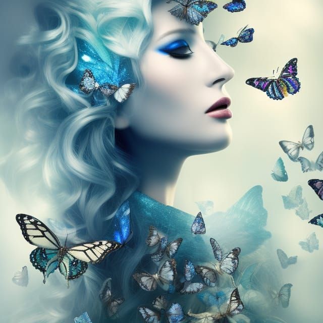Ethereal Woman's Transformation into Butterflies