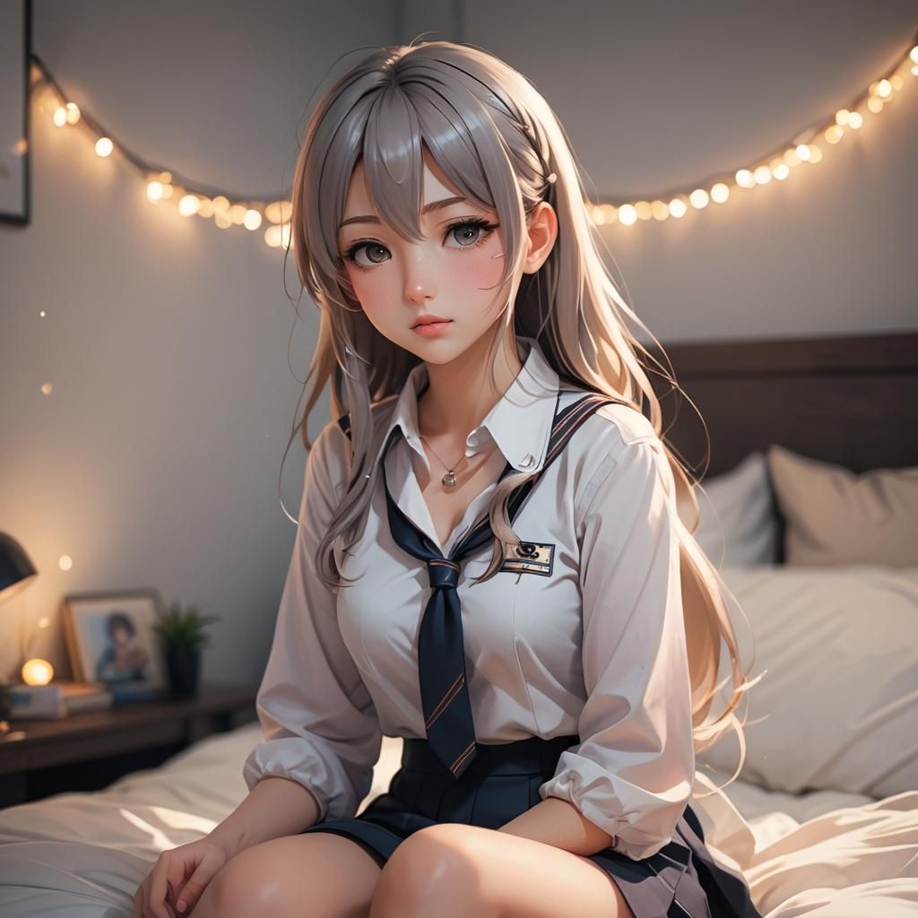 Anime Girl Portrait in Modern Bedroom, Soft Pastel Colors