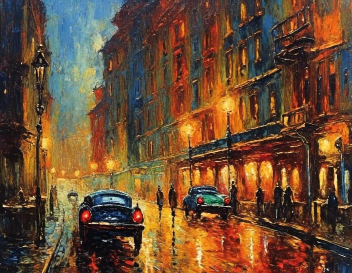 Expressionist City Street at Night in Oil Painting Style