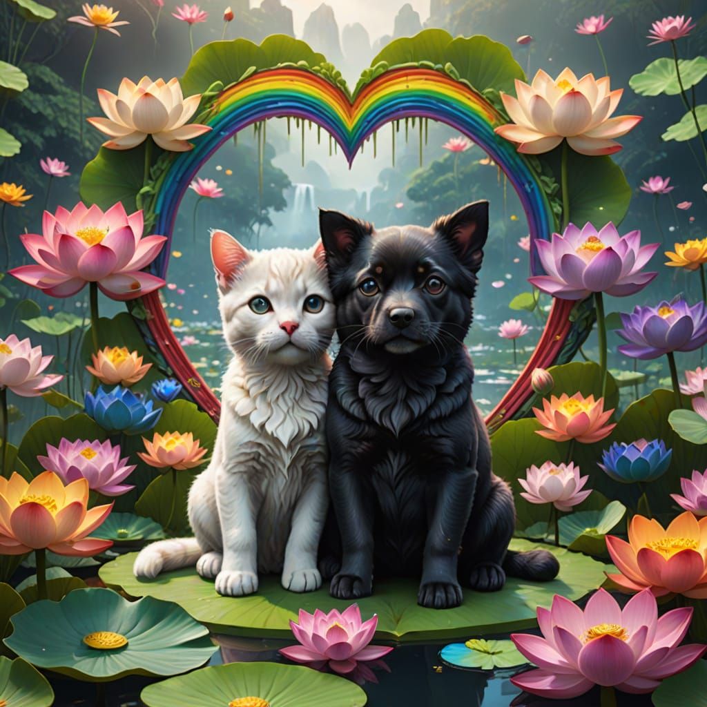 A cute cat and dog cuddling inside a heart-shaped lotus. A rainbow of lotus flowers in the background