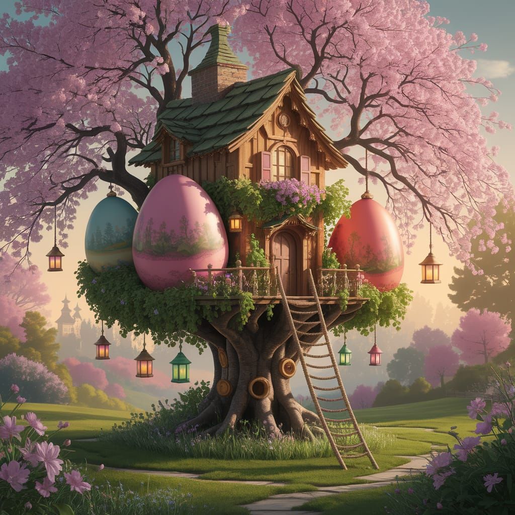 Whimsical Easter Egg Treehouse in Cherry Blossom Paradise