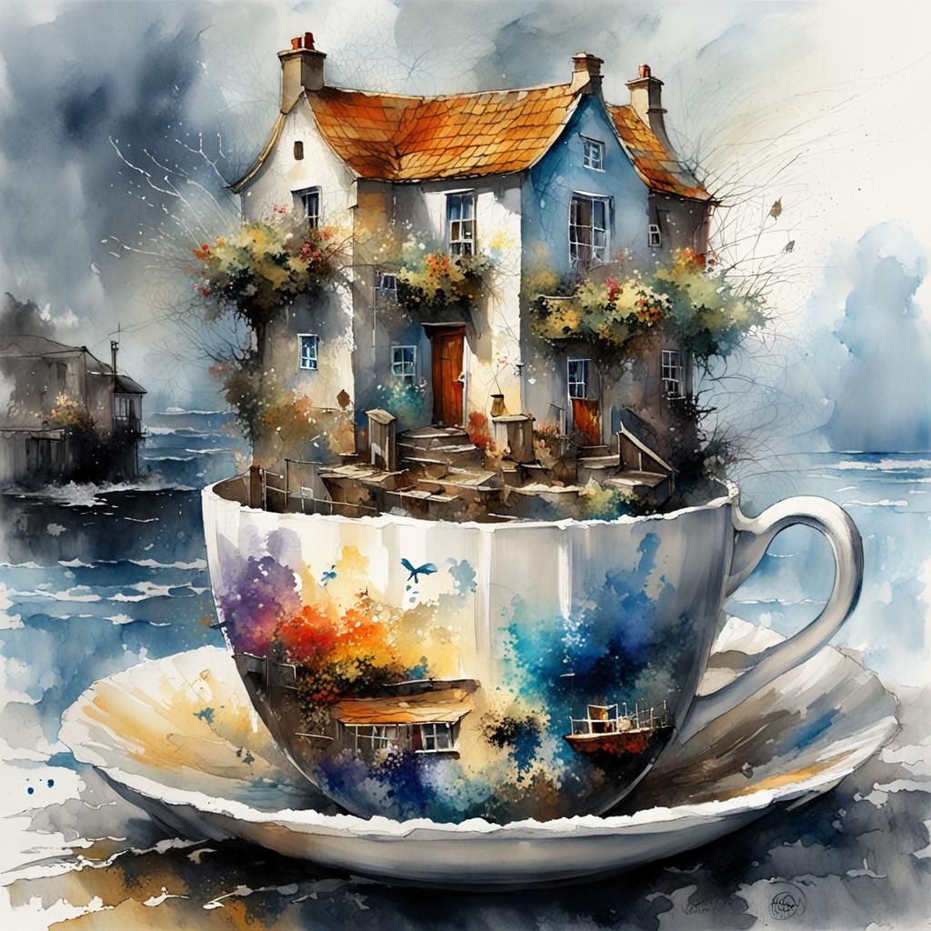 Coastal Village Storm in Teacup: Detailed Digital Art