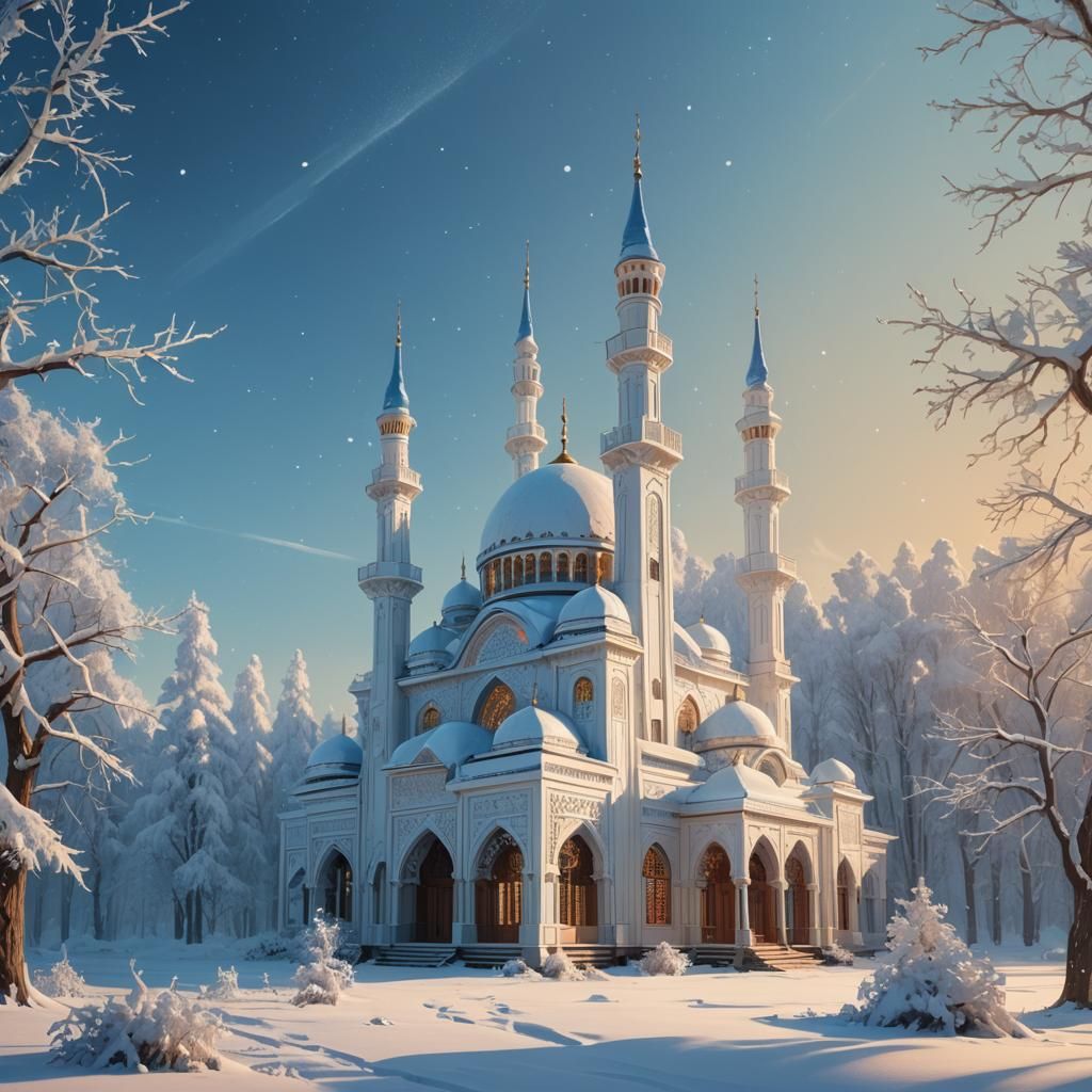 Snowy Wooden Mosque in Digital Matte Painting Style