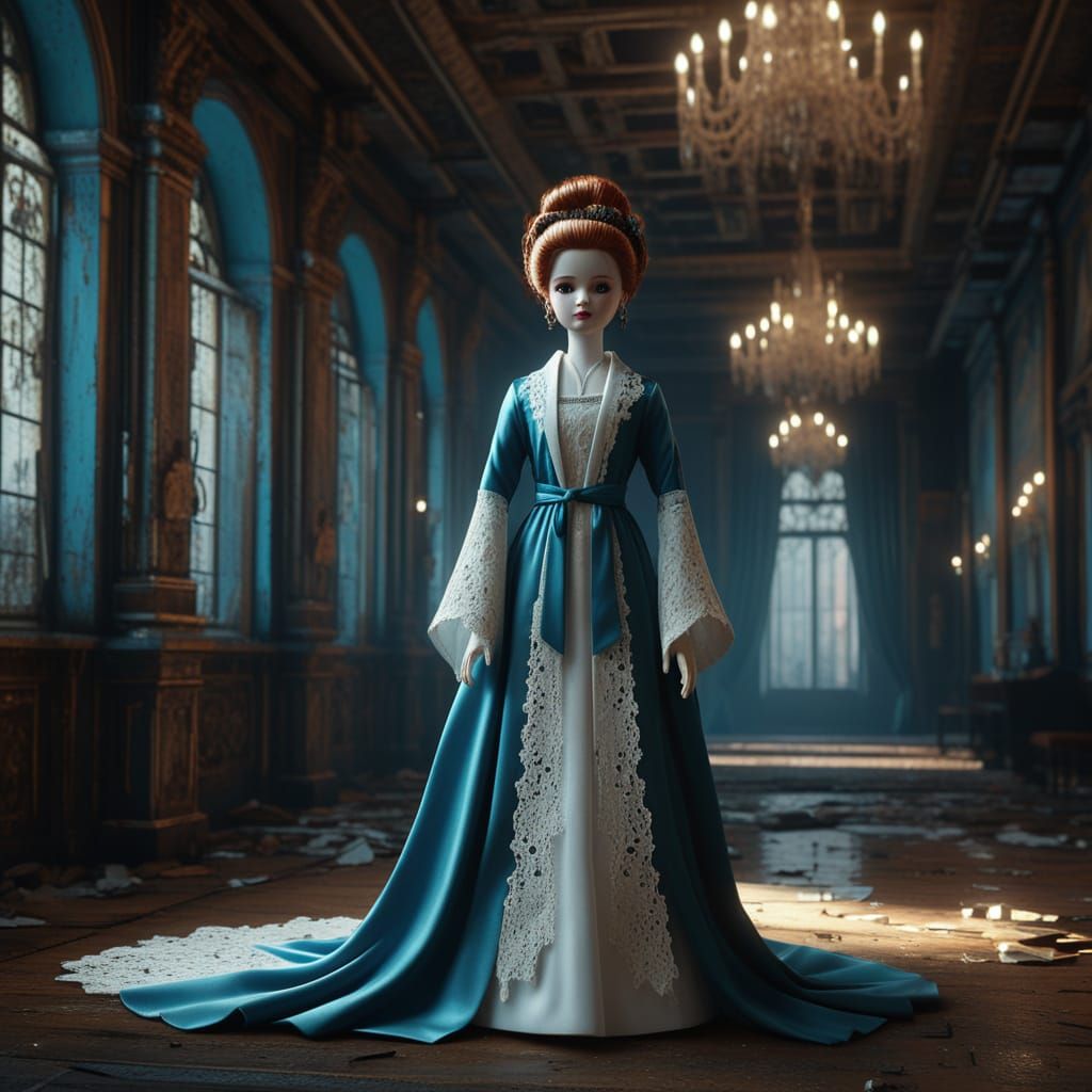 Porcelain Doll in Grand Ballroom, Maximalist Cinematic Style
