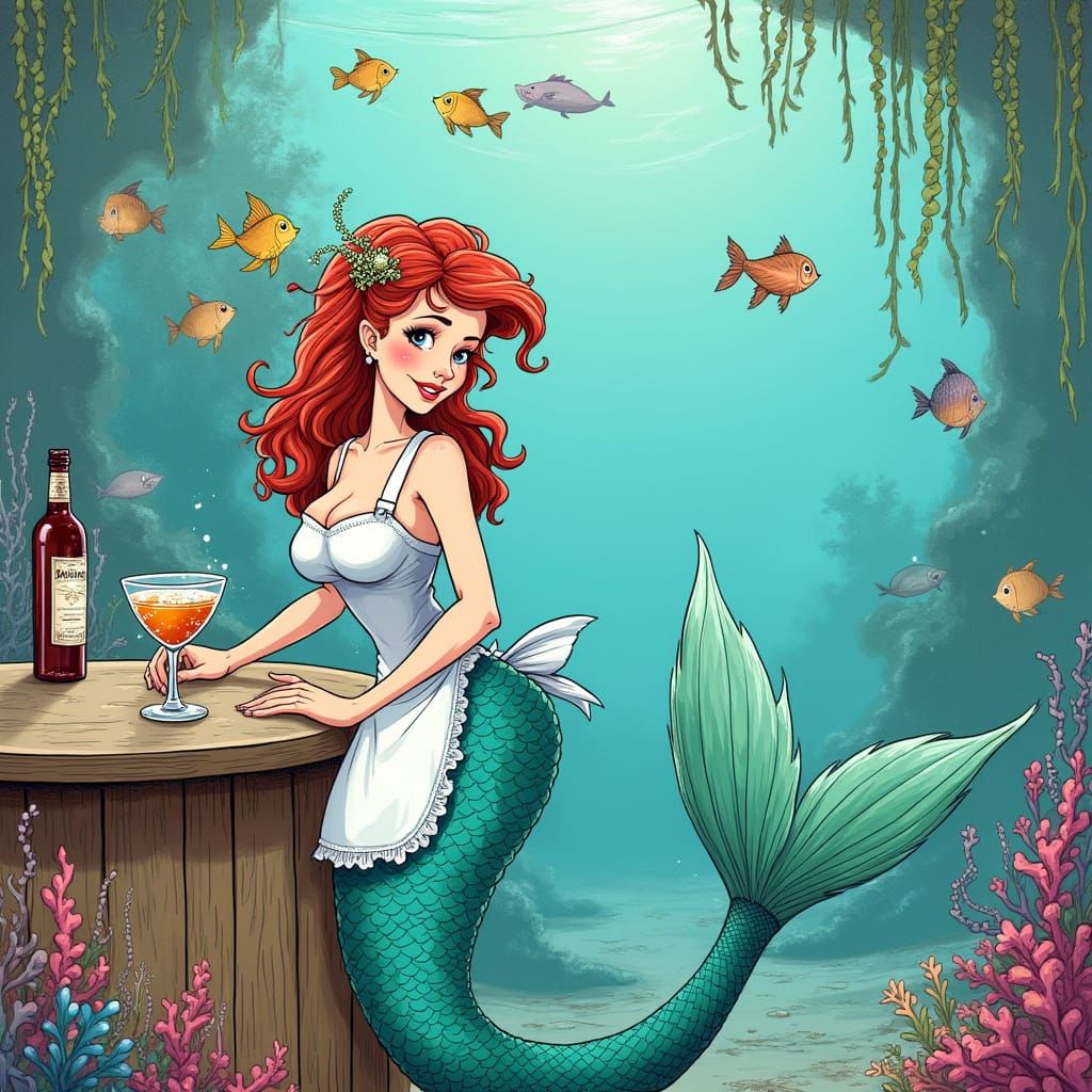 Mermaid Barmaid in Quentin Blake Style
