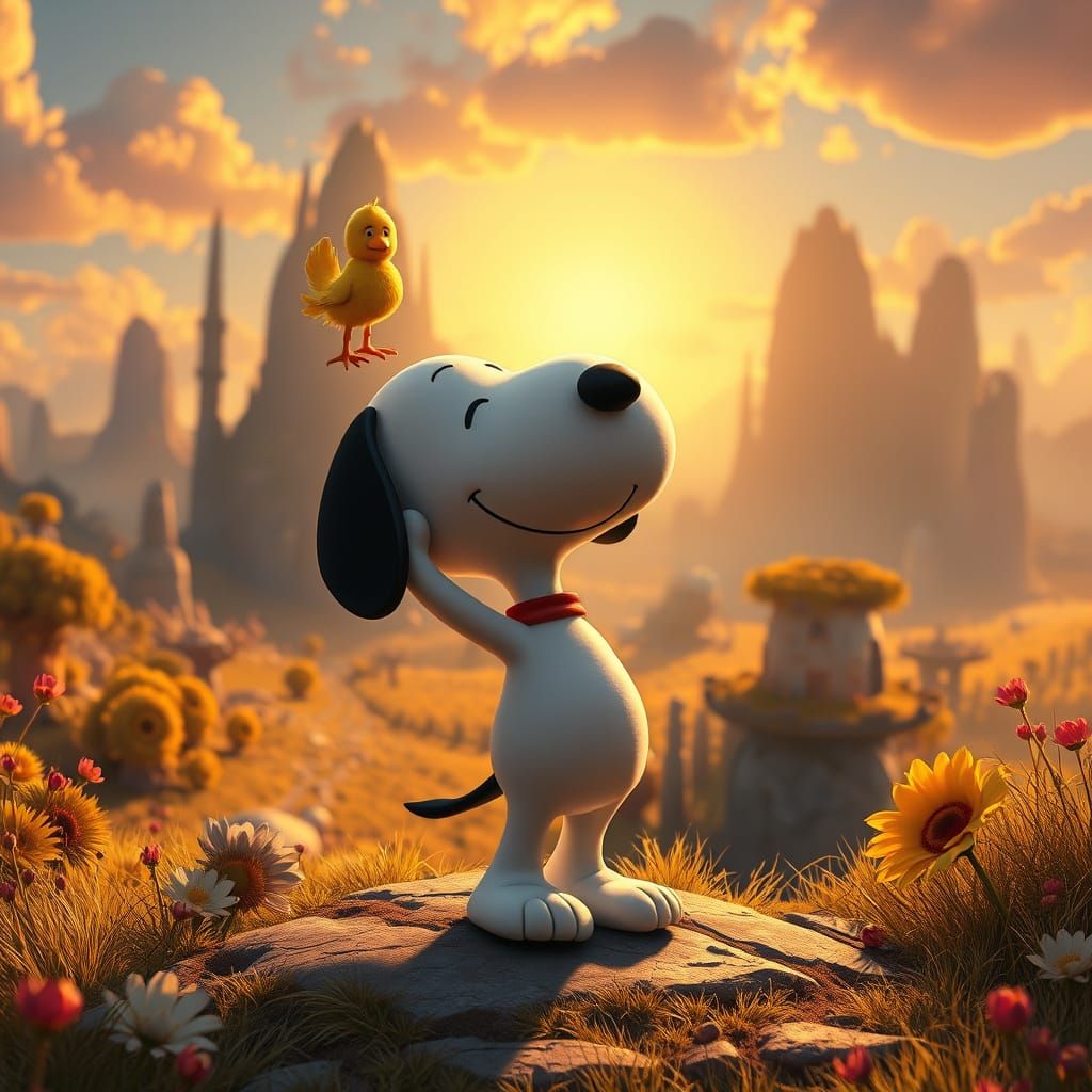 Snoopy in a Whimsical Dreamlike Landscape