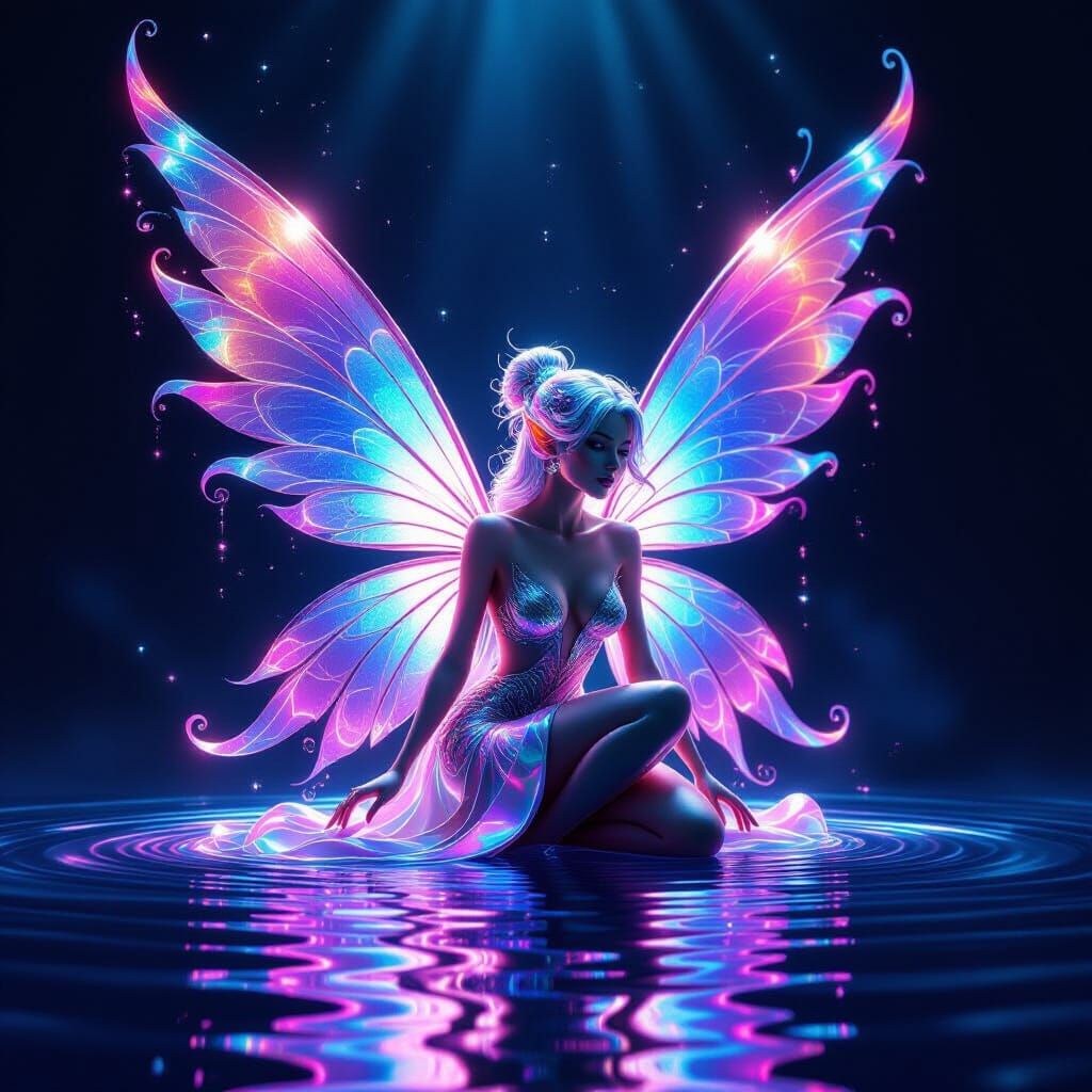 Ethereal Fairy Sculpted from Iridescent Paint in Liquid Ligh...