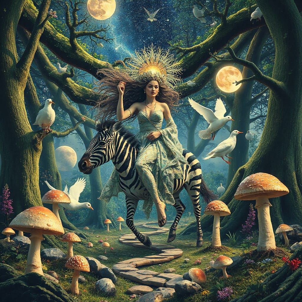 Goddess of Life Rides Zebra Through Surreal Mental Landscape