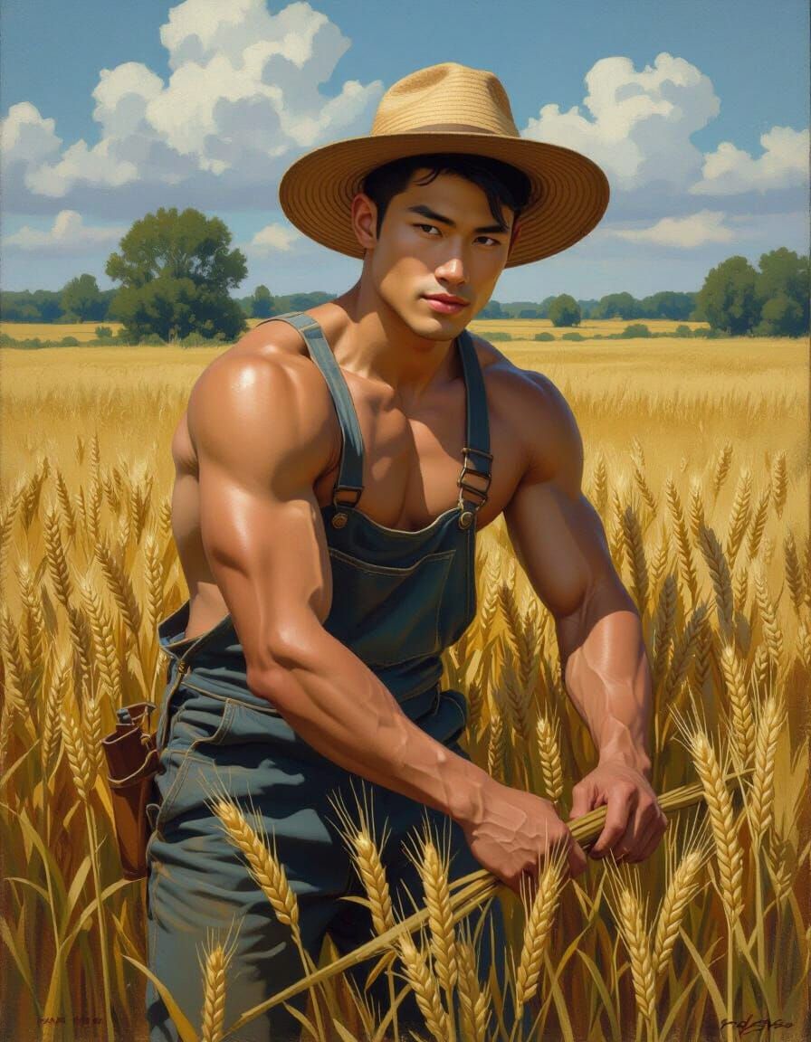 Handsome Gay Man Working on Farm Fields, Masterpiece of Art