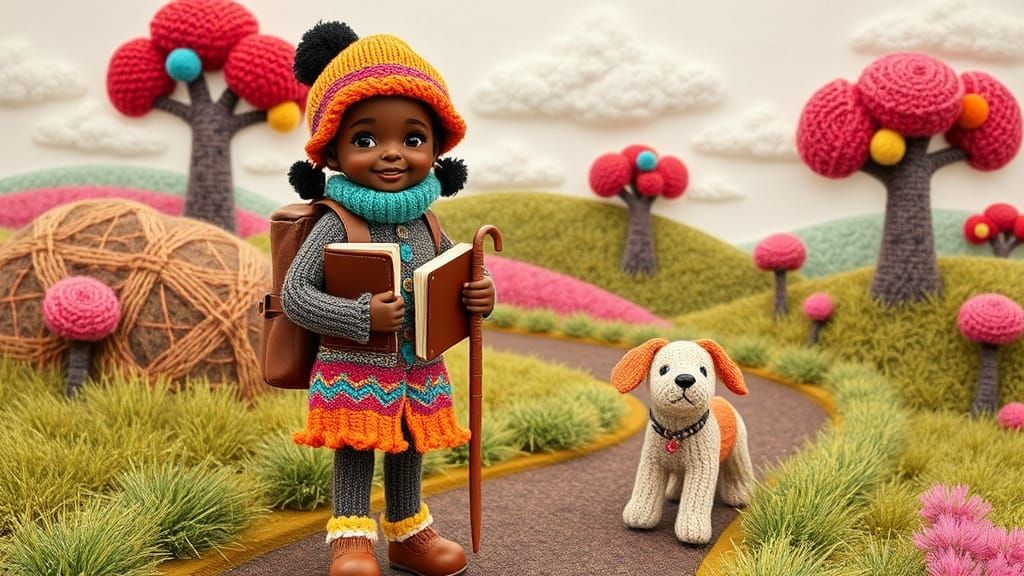 Woollen Girl Hiking in Whimsical Knitted Landscape