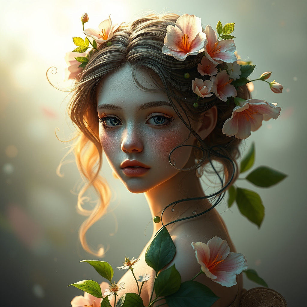 Ethereal Flower Girl Portrait in Detailed Concept Art Style