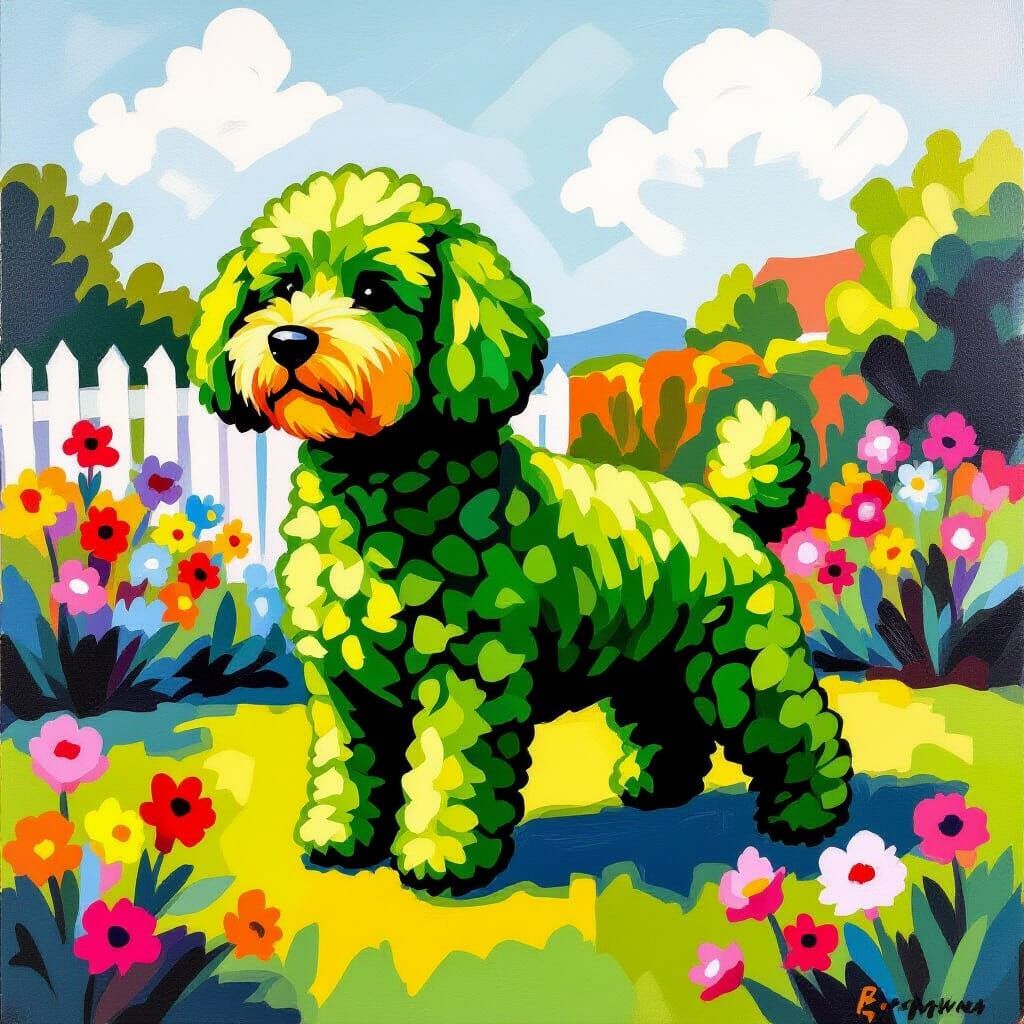 Buxus Topiary Dog in Fauvist Garden Painting