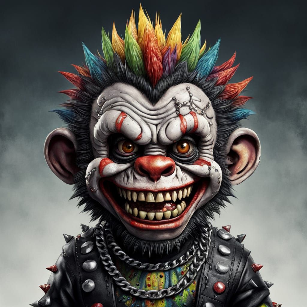 Hyperrealistic Zombie Monkey Monster Clown in Black Leather