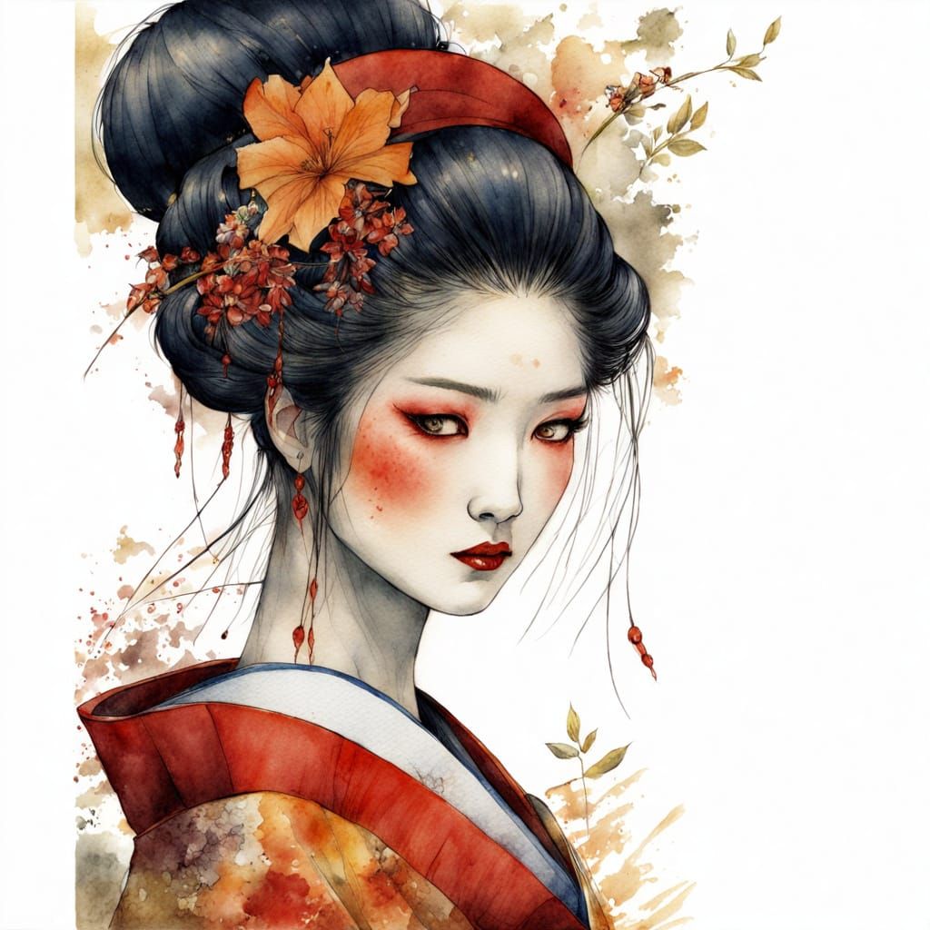 Geisha in Watercolor Sketch Style