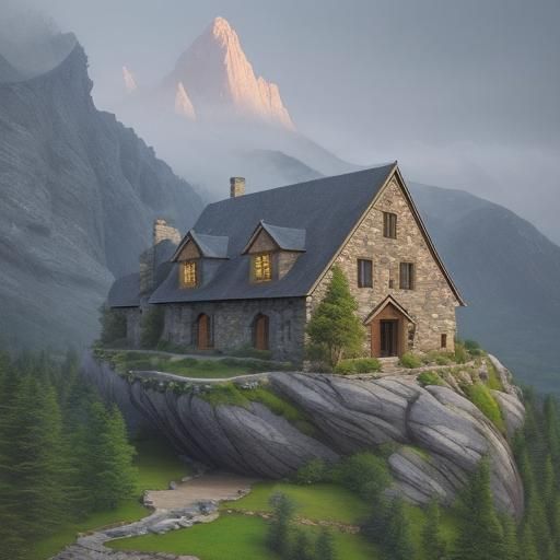 Fantasy Stone House Under Mountain, Photorealistic Style