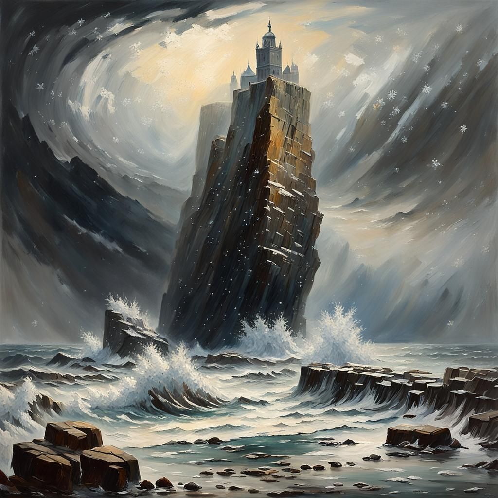 Stormy Seascape Monastery in Romanticism Style