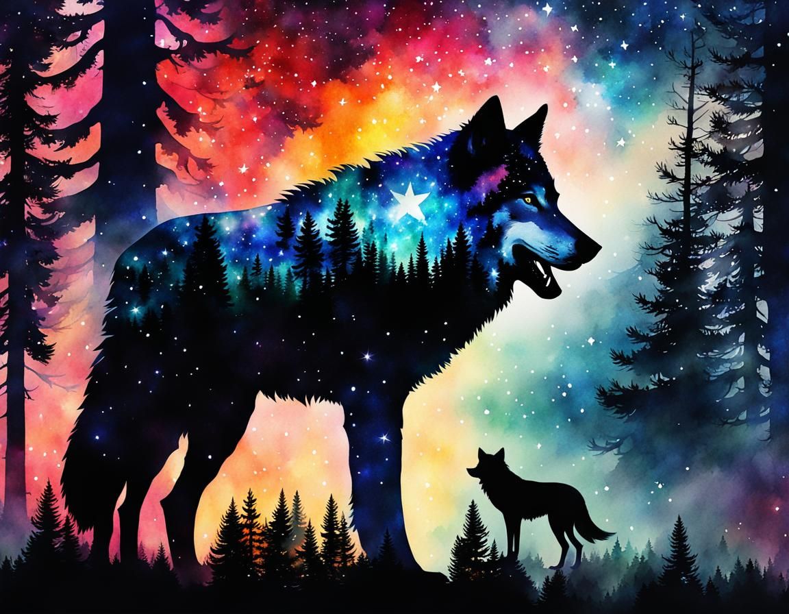 Watercolor Wolf Howling in Burning Galaxy Forest