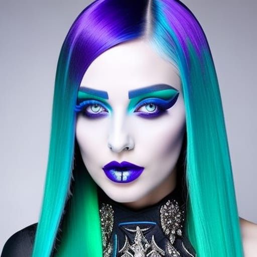 Ethereal gothic young lady with long flowing Electric blue hair with cobalt blue highlights& Purple highlights& shimmery...