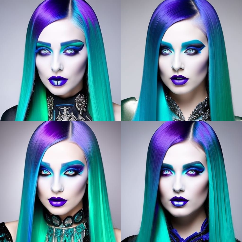 Ethereal gothic young lady with long flowing Electric blue hair with cobalt blue highlights& Purple highlights& shimmery...