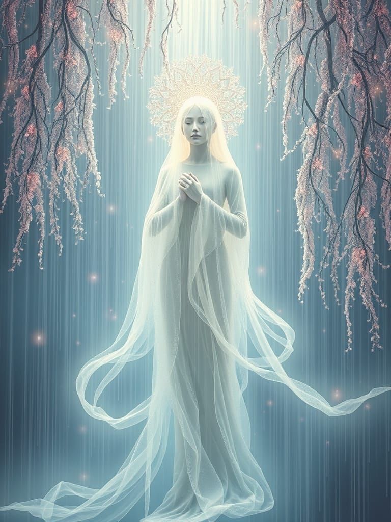 Ethereal Goddess in Pearl Rain and Fractal Branches