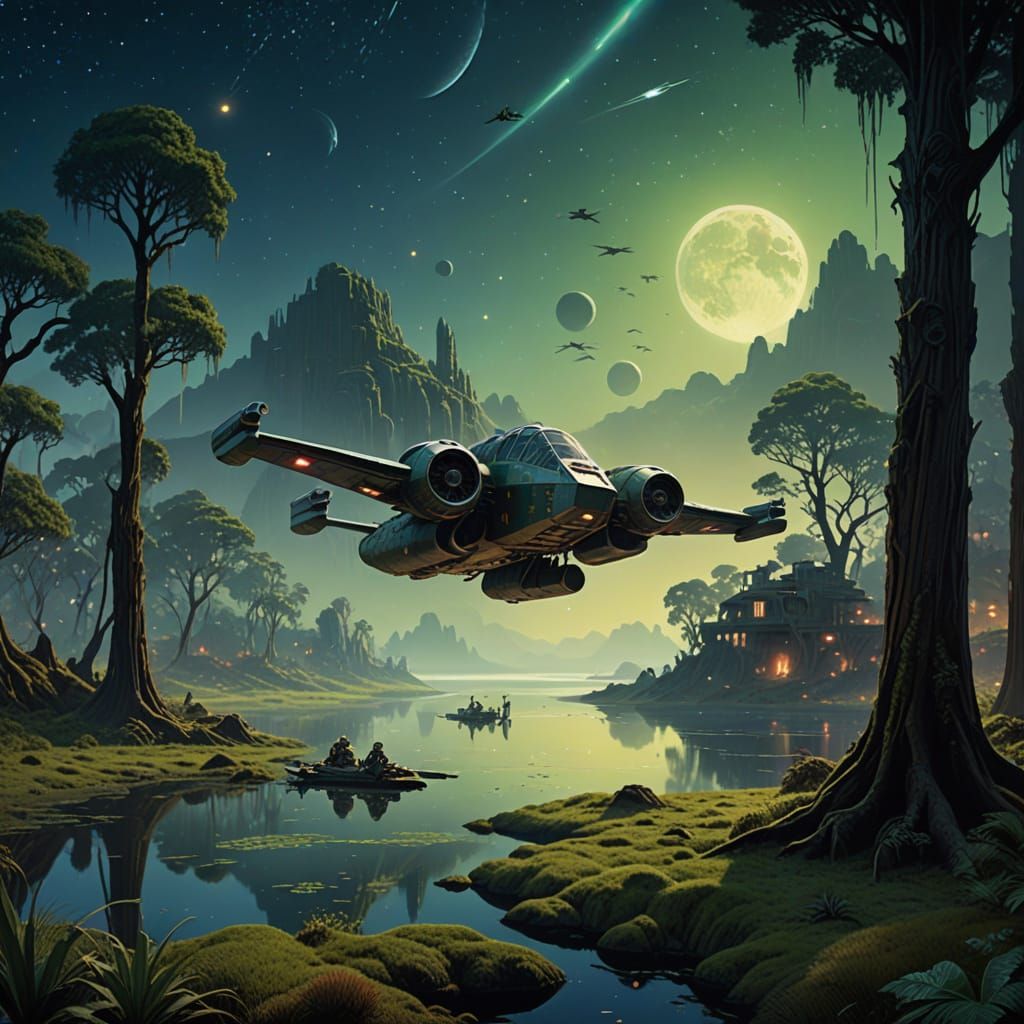 Starfighter in Tatooine-like Swamp with Volumetric Lighting