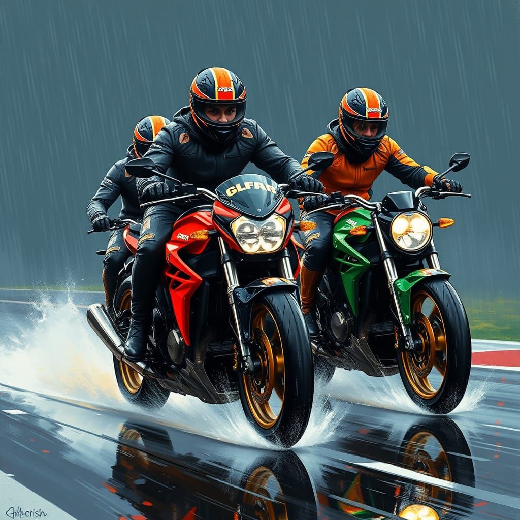 Racing Motorcycles in the Rain, in a Dynamic Cyberpunk Style