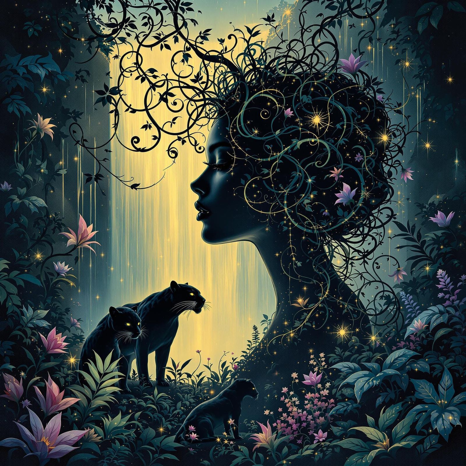 Mystical Jungle Woman Silhouette with Panthers