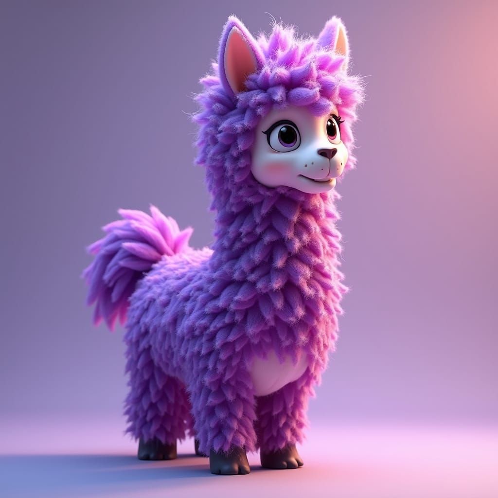 Realistic 3D Animated Purple Llama with Curly Fuzzy Texture
