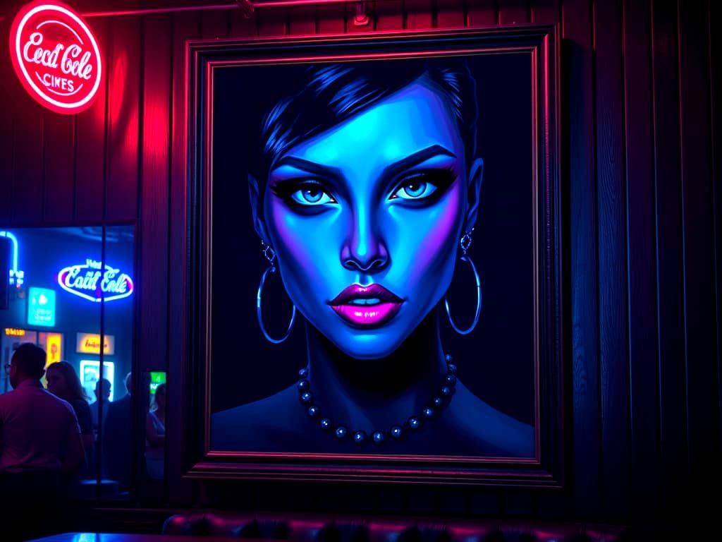 Black Velvet Painting of Woman in Neon Bar